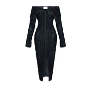 Fashionable and Elegant One line Neck Sexy Wrapped Hip Skirt Design with Wave Pattern Long sleeved Dress