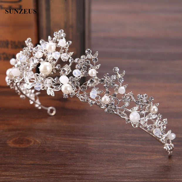 Silver Crystal Bridal Tiara With Pearls Headband Wedding Crown For Brides Marriage Accessories